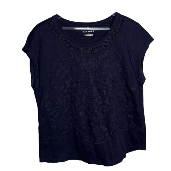 Talbots Navy Blue Embroidered Flower Print Short Sleeve Top - Picture 1 of 5